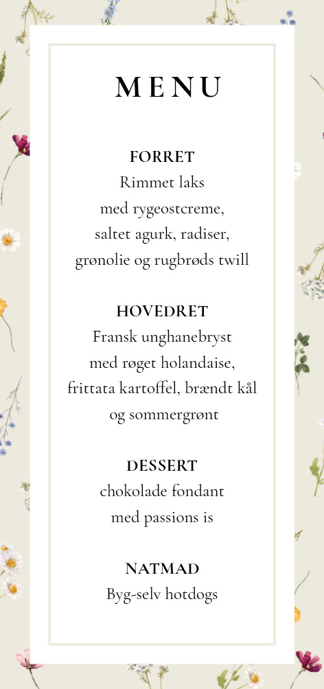 
                Sød og elegant blomsterdesign til din konfirmation. Den er dækket med en masse smukke blomster i forårets farver. Den vil passe perfekt til en forårs konfirmation invitation.  Til dette design følger matchende elementer i form af velkomstskilt, salmehæfte, bordoversigt, bordkort, drinkskort, takkekort mm.                